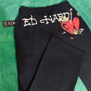 Ed Hardy Black Wide Leg Pants with Heart Design